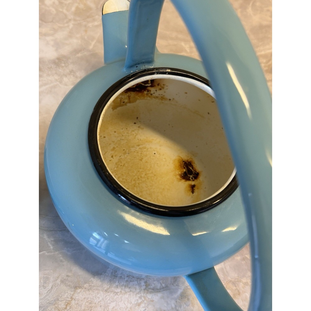 Vintage Blue Enamel Tea Kettle Stovetop Pot Mid Century Farmhouse Decor - Picture 6 of 12